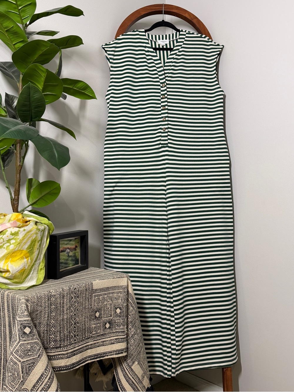 Anniewear LARGE White Green Stripe Cap Sleeve Wide Leg Jumpsuit